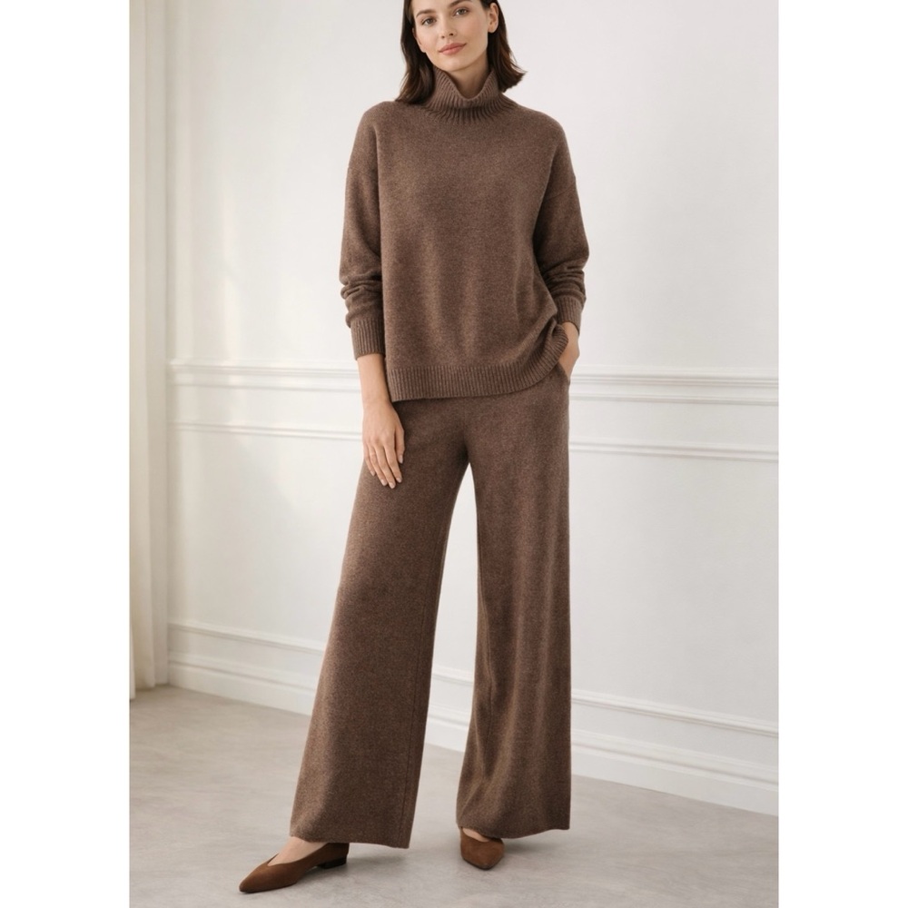 LilySilk Cashmere Turtleneck Sweater and Wide Leg Pants Knit Set Cinnamon XS M